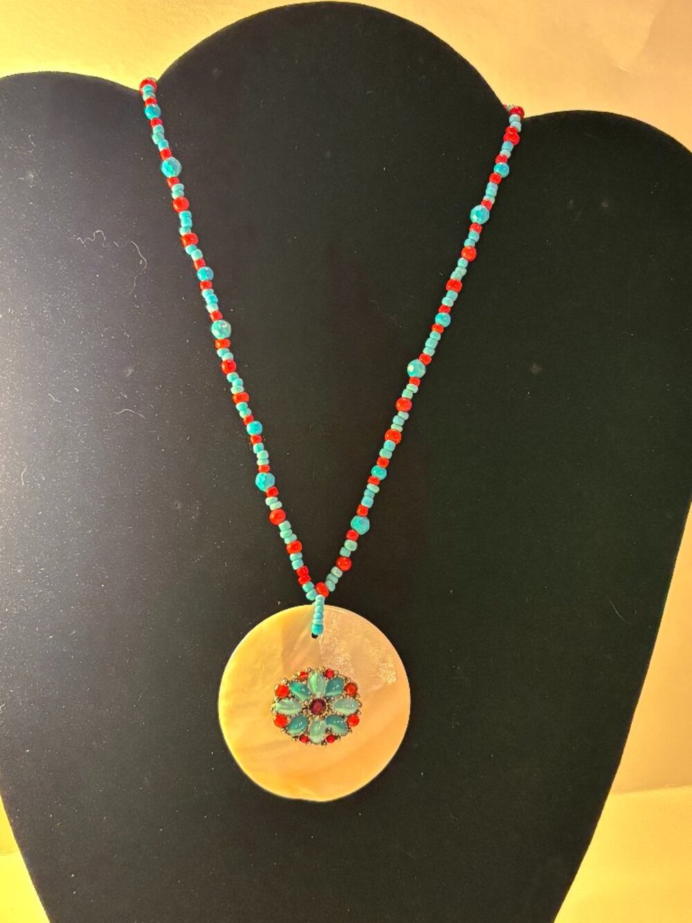 Vintage Turquoise and Red Gems Floral Cluster Shell Pendant with Beads Necklace